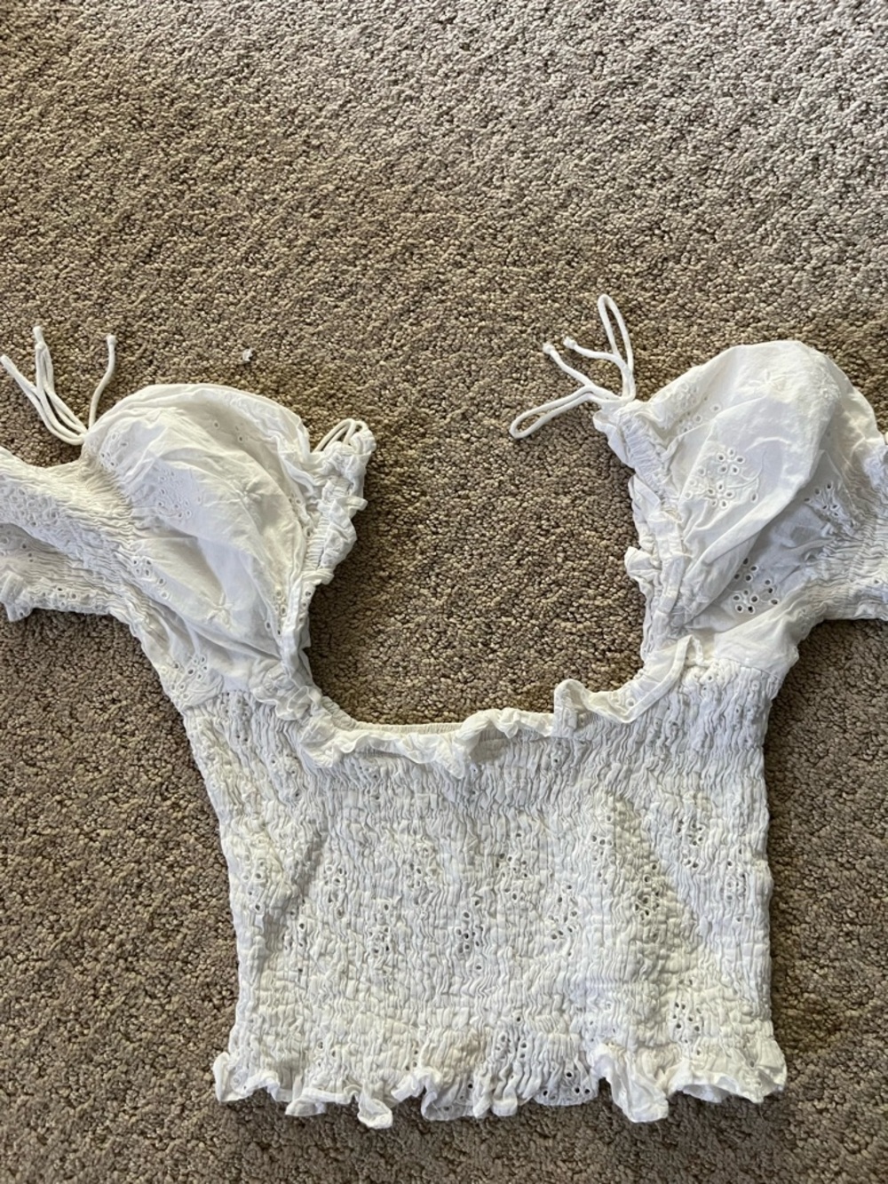 White Lace Smocked Crop Top with Ruffled Hem